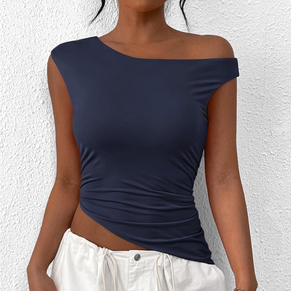 Asymmetrical Rutched Navy Blue Top - Picture 3 of 4